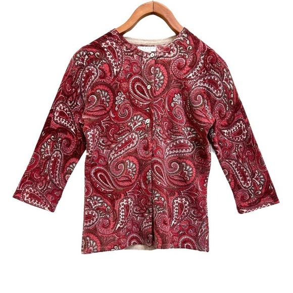 Tweeds Lambs Wool Angora Blend Red Pink Paisley 3/4 Sleeve Cardigan Size Small P - Picture 1 of 11